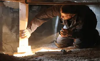 A professional inspecting wooden beams under the floor of a structure in Baltimore, MD